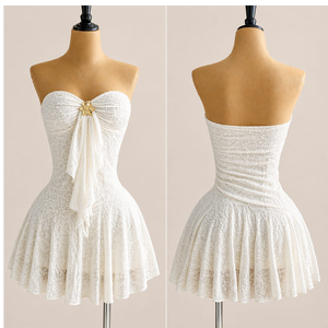 Elegante Vestido Mini de Encaje sin Tirantes con Detalle de Broche Floral - Product Image 4