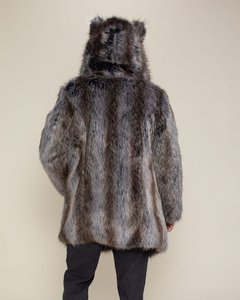 Manteau long en fausse fourrure de renard pour homme, à capuche, épais, longueur genou, parka d'hiver, col rabattu, manches régulières, motif uni - Product Image 2