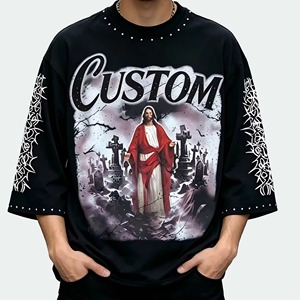 T-shirt noir personnalisé pour homme, col rond, manches 3/4, imprimé graphique, style gothique, streetwear - Product Image 1