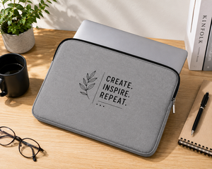 Simple Gray Canvas Cotton Laptop Sleeve with Create Inspire <b>Repeat</b> Print Zipper Closure Protective Cover for Laptops - Product Image 4