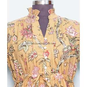 Robe d'été élégante et vintage pour femme, faite à la main en coton biologique, col rond, manches longues, coupe trapèze, imprimé floral, respirante - Product Image 4