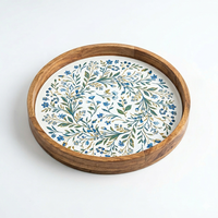 Plateau de service rond en bois d'acacia, imprimé floral, pour restaurants, mariages, ou comme plateau décoratif pour ottoman, fait main, vaisselle de cuisine
