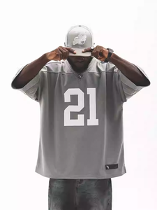 Gray V-Neck Football Jersey With Number 21 Short Sleeve Oversized <b>Men's</b> Sporty T-Shirt - Product Image 1