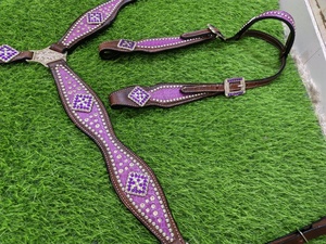 2026 Conjunto de aparejos de alta calidad de cuero de cocodrilo DD hecho a mano, estilo western, con cabezada de una oreja, pechopetral y cabestro morado para caballo - Product Image 4