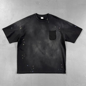 เสื้อยืดวินเทจสไตล์ทำเก่าสำหรับผู้ชาย ผ้าคอตตอนหนานุ่ม เสื้อยืดแนวสตรีทแฟชั่น ลายเพ้นท์แบบทำลาย  เสื้อยืดสีดำล้างแบบเรโทร - Product Image 4