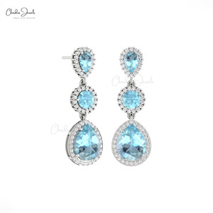 Trending Products 1.10mm Brilliant Cut White Diamond Halo <b>Earrings</b> with Aquamarine Gemstone In 14k Solid Gold Cocktail <b>Earrings</b> - Product Image 2