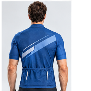 Maillot de cyclisme bleu pour homme, manches courtes, extensible, en spandex/polyester, avec rayures blanches et design numéro un - Product Image 4