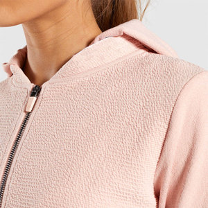 Custom Light <b>Pink</b> Textured Hoodie Women Drawstring Hem Full Zip Athletic Jacket <b>Pink</b> Waffle Knit Full Zip Hoodie Cinch Hem - Product Image 5