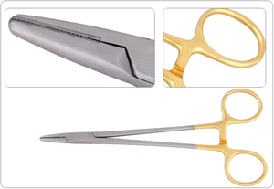 Portaagujas Manual con Mango Dorado, Certificado CE, Cumple con ISO13485, Clase I TC, 13 CM, Mordazas Lisas/Serradas, Carburo de Tungsteno - Product Image 4