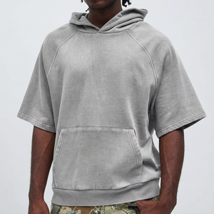 Fabricante de Sudaderas con Capucha Extra Grandes de Manga Corta Personalizadas, OEM ODM, Lavado Ácido, Felpa Francesa, Estilo Urbano, 100% Algodón - Product Image 1