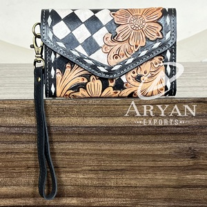 Western Tooled Leather Wallet for Women Checkered Cowgirl <b>Wristlet</b> Wallet Boutique Clutch Purse RFID Card Holder Organizer Gift - Product Image 1