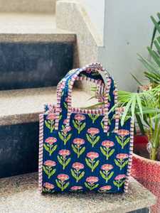 Veer Handicrafts Quilted Cotton <b>Tote</b> <b>Bag</b> <b>Navy</b> Blue Striped Pattern Zipper Closure Handles Fashion Style All Seasons Shopping Use - Product Image 3