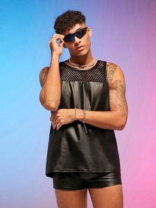 Men's 2 Piece Outfit Mesh Sheer Pu Leather Tank Top and Track Shorts <b>Set</b> - Product Image 4