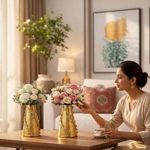 Vase de table moderne en laiton avec motif de feuilles, décoration florale artisanale pour mariage, maison, salon, chambre, bureau, hôtel - Product Image 6
