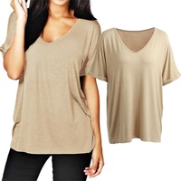 T-shirt décontracté pour femme à col en V et manches courtes, 100 % coton tricoté, coupe classique, teint uni, anti-plis, anti-boulochage, couleur unie