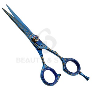 Professional Deep Blue Hair Cutting <b>Shears</b> with Floral Patterned Blade and Jeweled Pivot for Precision Styling - Product Image 3