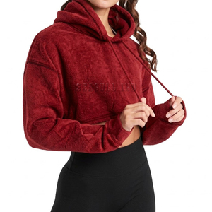 Women's <b>Red</b> Fleece Hooded Sweatshirt Short <b>Crop</b> <b>Top</b> Regular Sleeve Autumn Wear Breathable Solid Color Front Logo Design - Product Image 1
