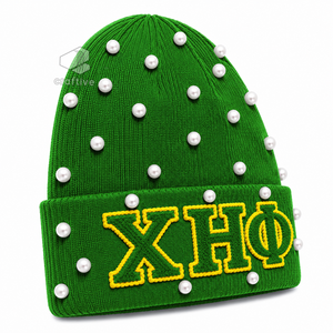 Bonnet en tricot vert orné de perles pour femmes de la sororité Chi Eta Phi, avec lettres grecques brodées en chenille, chapeau d'hiver décontracté - Product Image 2