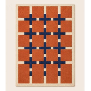 Tapis géométrique moderne orange et bleu, tissé à la main, abstrait, pour salon, tapis en laine, tapis décoratif contemporain pour chambre à coucher - Product Image 3
