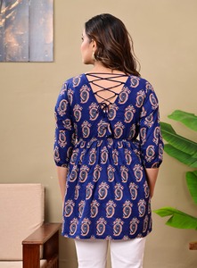 Fabricante indio, color azul, ligero, 100% algodón, cuello en V, longitud regular, para fiestas, kurtis. - Product Image 5