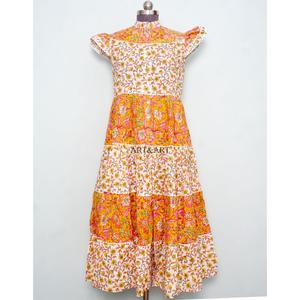 Robe longue d'été à manches courtes multicolore en coton avec ceinture, style modeste, imprimé numérique, col noué sur le devant, coupe fluide, douce et naturelle - Product Image 1