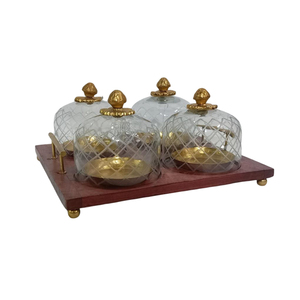 Juego de 5 piezas de bandejas de cristal con forma de pétalo para servir frutos secos, plato de aperitivos de madera y metal con tapas, decoración de mesa. - Product Image 3