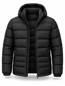 Chaqueta Acolchada con Capucha para Hombre, Negra, Cálida, Impermeable, Cortavientos, de Secado Rápido, Informal, con Cierre Frontal, Color Sólido, Relleno de Poliéster - Product Image 4