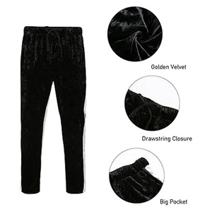 Black <b>Velvet</b> Two Piece Tracksuit Set Stand Collar Zipper <b>Jacket</b> & Drawstring Pants Color Block Sporty Set - Product Image 5