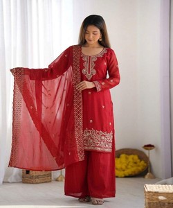 FANCY GMY SILK EMBROIDERY <b>BEADS</b> WORK <b>TOP</b> PALAZZO WITH DUPATTA WHOLESALE PRICE ETHNIC GARMENT 85063 RED - Product Image 2