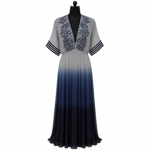 Women Ombre Maxi Dress Navy Grey Embellished V Neck Evening Gown Flowy Pleated Short Sleeve Elegant Formal Party Cocktail - Product Image 1