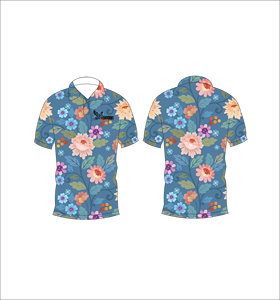 Polo Azul Multicolor con Estampado Floral, Diseño de Flores Tropicales, Manga Corta, Verano, Casual, Vista Frontal y Trasera - Product Image 1
