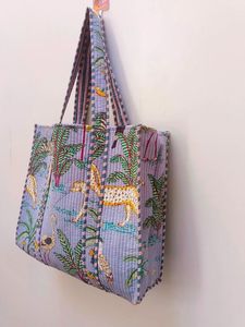 Blue Safari Quilted Tote <b>Bag</b> Exotic Animal Print Cotton <b>Bag</b> Unique Statement Carry <b>Bag</b> - Product Image 2