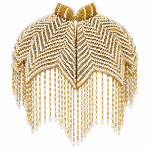 Cape en filet perlé avec broderie dorée, motif géométrique en chevron et franges décoratives pour tenue de mode - Product Image 1