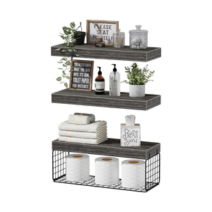 Estantes flotantes rústicos de madera de color gris de alta calidad, montados en la pared, con juego de cestas de metal negro para almacenamiento en la cocina y el baño. - Product Image 1