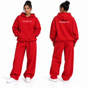 Conjunto de Sudadera con Capucha y Pantalones de Forro Polar Rojo para Mujer, Estilo Urbano, Corte Regular, 2 Piezas, Ropa de Invierno 100% - Product Image 1