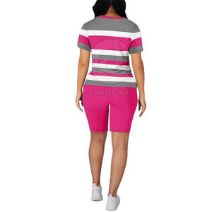 Conjunto de 2 Piezas para Mujer, Color Rosa y Gris a Rayas, con Estampado, Cuello Redondo, Manga Corta, Informal, Primavera-Verano, Transpirable, Tejido de Poliéster - Product Image 4