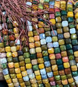 ลูกปัดหินแจสเปอร์ธรรมชาติทรงลูกบาศก์เหลี่ยมเพชรพลอย สีเขียวเหลืองน้ำตาลหลากสีสวยงาม สำหรับทำเครื่องประดับ - Product Image 4