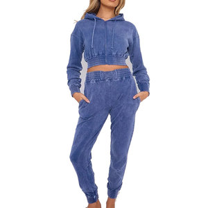 Conjunto de 2 piezas de algodón 100% para mujer: Sudadera con capucha y pantalón largo, estilo casual, lavado ácido, transpirable y ecológico. - Product Image 1