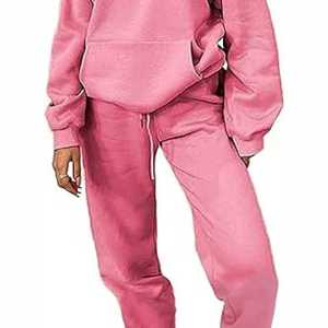 Womens Two Piece Solid Eco-Friendly Fleece Hoodie Jogger <b>Set</b> Casual Sports Tracksuit Comfortable Daily Wear for Outfit Pink - Product Image 2