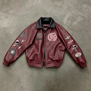 Men's <b>Burgundy</b> PU <b>Leather</b> Bomber <b>Jacket</b> With Embroidered Patch Designs Turn-down Collar Zipper Front Autumn Outerwear - Product Image 2
