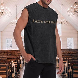 Camisetas sin mangas cristianas para hombre, camisetas sin mangas con estampado 'Faith Over Fear', camisetas de gimnasio con lavado ácido, camisetas deportivas con corte muscular, camisetas religiosas - Product Image 6