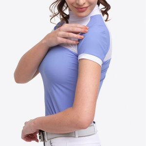 Chemise d'équitation pour femmes, bleu dégradé, manches courtes, respirante, tricotée, haut à taille haute, pantalon blanc, vêtements d'équitation - Product Image 5