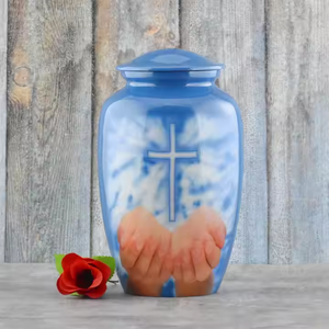 Urne funéraire en métal bleu sarcelle de qualité supérieure pour cendres humaines - Urne commémorative artisanale à texture de galet avec gravure florale argentée - Product Image 1