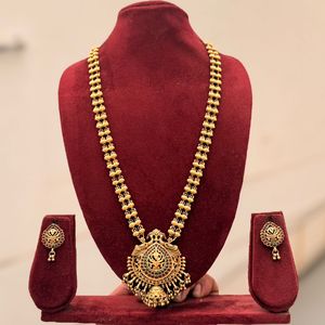 Traditional South <b>Indian</b> Temple Long Bridal Necklace Set Alloy Gold Plated Zircon Earrings Vintage Engagement Wedding Party <b>Ring</b> - Product Image 1