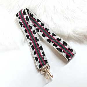 Handmade Cotton Beaded Bag Strap Blue White Gold Striped Rectangular Shape Cross Stitch <b>Craft</b> Accessory - Product Image 4