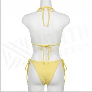 Yellow Textured <b>Bikini</b> <b>Set</b> With Pearls Halter Top And Tie Side Bottom Women Swimwear - Product Image 4