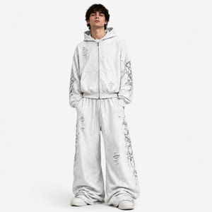 Unisex <b>Light</b> Blue Hooded Tracksuit Full Print <b>Branch</b> Pattern Loose Fit Streetwear Zipper Closure Side Pockets Spring Wear - Product Image 5