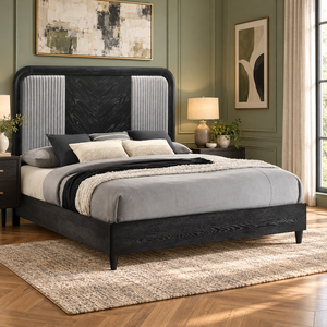 Lit King Size Contemporain Rembourré avec Tête de Lit Arquée et Cadre en Placage de Frêne – Mobilier de Chambre Moderne – Vente en Gros - Product Image 1
