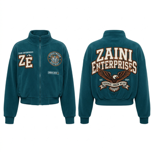 Women Crop Top Polar Fleece <b>Jacket</b> 320 GSM Premium Teal Blue Soft Warm Custom Embroidery Chenille Patch Logo Outerwear - Product Image 1
