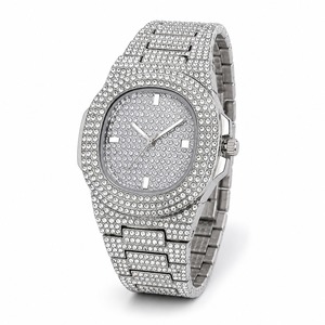 Montre de luxe unisexe en acier inoxydable, cadran et bracelet sertis de diamants, affichage analogique à quartz - Product Image 6